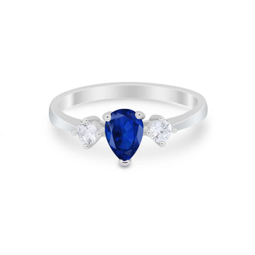 Three Stone Wedding Ring Pear Simulated Blue Sapphire CZ 925 Sterling Silver